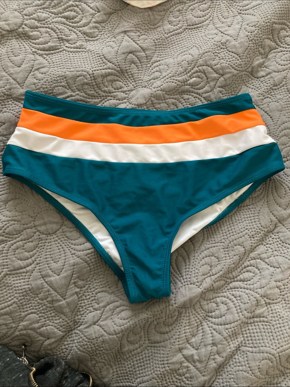 High-Waist Teal Bikini Bottom with Orange & White Stripes